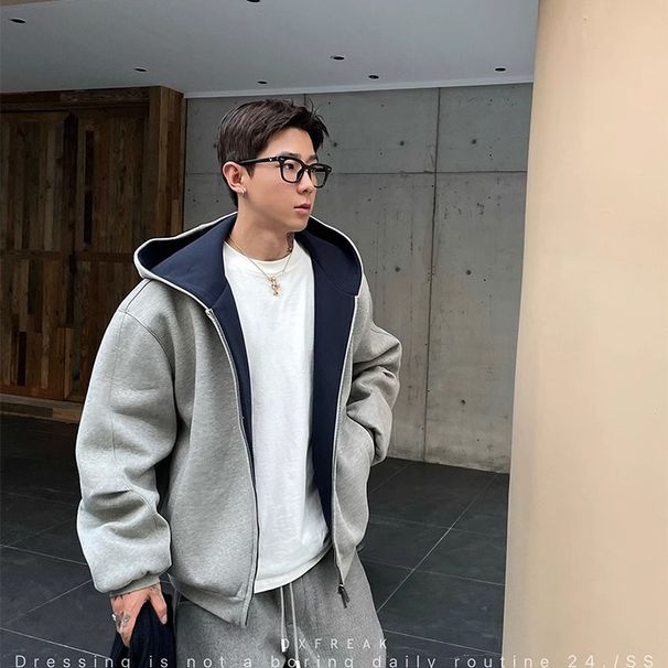 Men's Heavyweight Zip-Up Hoodie – Double Zipper Streetwear Jacket With Drop Shoulder (M-XXXL, Black/Light Grey, Oversized Fit)_viptrois.com