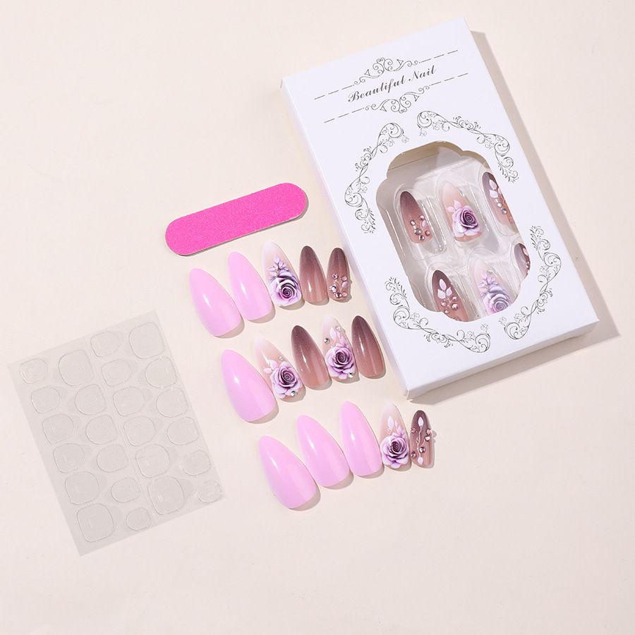 Almond Handmade Wear On Nail High Grade Purple Rose Rhinestone Nail Art Patch Wear On Nail_viptrois.com