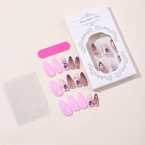 Almond Handmade Wear On Nail High Grade Purple Rose Rhinestone Nail Art Patch Wear On Nail_viptrois.com