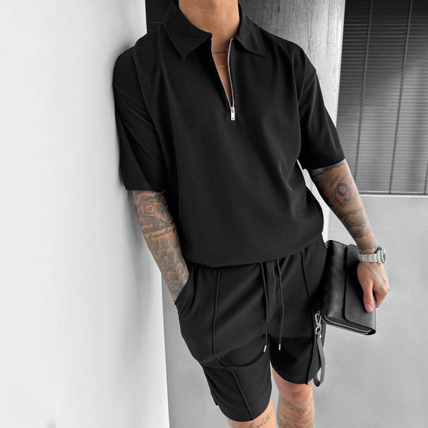 Men's Clothing Zipper Polo Casual Short sleeved Drawstring Shorts Men's Suit_viptrois.com