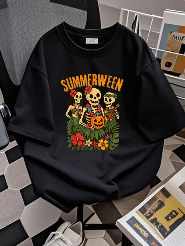 Funny Summerween Skeletons Luau Party Halloween Beach Vibes T-Shirt Women Stretched T-Shirt For Women Casual Soft Designer Clothes Versatile Unisex Female Streetwear Summer Stylish Breathable Comfortable Print Round Neck Short Sleeve Fashion_viptrois.com