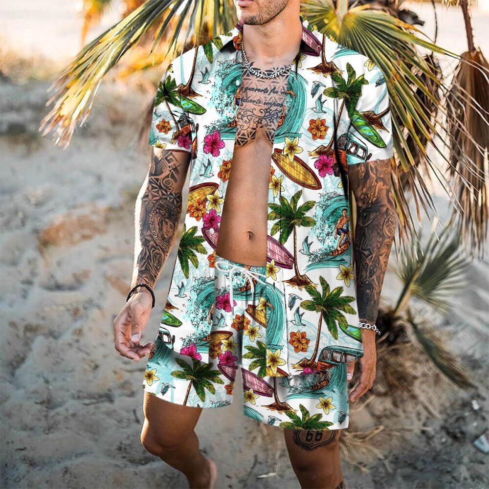 Men's Clothing European And American New Suits Men's T Shirt 3D Plant Print Lapel Short Sleeved Shirt Shorts Suit Manufacturers Wholesale_viptrois.com