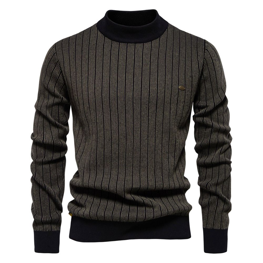 Men’s Slim-Fit Striped Sweater – Half High Collar Pullover, Lightweight Knit Top For Autumn & Winter (Brown Yellow/Khaki/Gray-Green_viptrois.com
