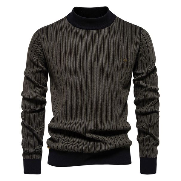 Men’s Slim-Fit Striped Sweater – Half High Collar Pullover, Lightweight Knit Top For Autumn & Winter (Brown Yellow/Khaki/Gray-Green_viptrois.com
