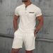 Men's Waffle Knit Short Sleeve Stand Collar Shirt & Shorts Set - Summer Casual Outfit With Color Block Design_viptrois.com