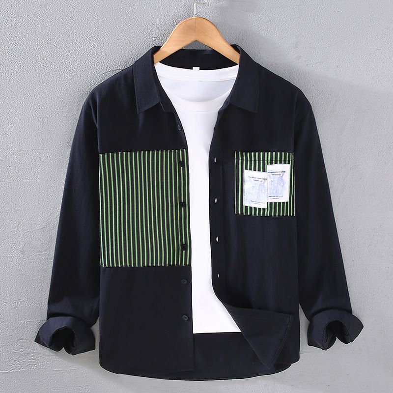 Men's Casual Contrasting Color Pure Cotton Long Sleeved Shirt, Men's Spring And Autumn Loose And Handsome Versatile Trendy Workwear Shirt_viptrois.com