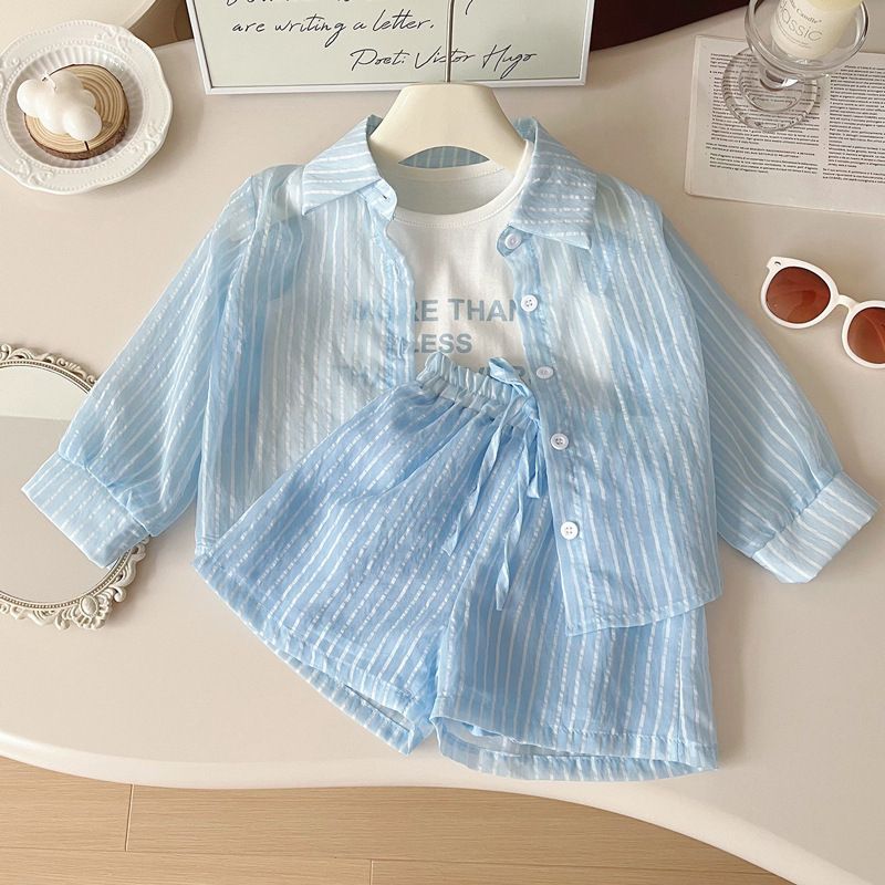Kids’ Clothing Girls Suit Thin Summer New Style Fashionable Baby Girl Vertical Stripes Long Sleeved Sun Protection Clothing Shorts Three Piece Suit_viptrois.com