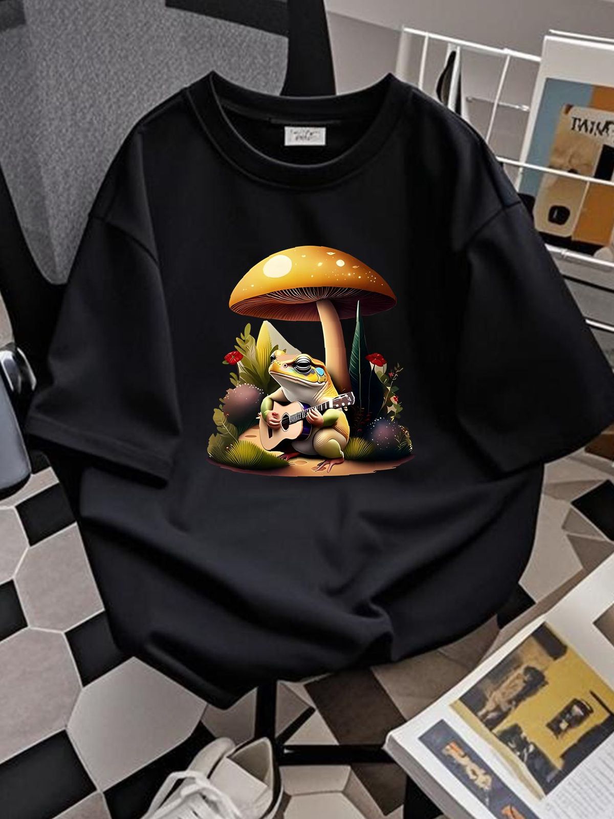 Frog Playing Guitar Mushroom Cottagecore T Shirt Cottage Homme Comfortable Designer Clothes Top For Everyday Wear Stretched Streetwear Fashion_viptrois.com