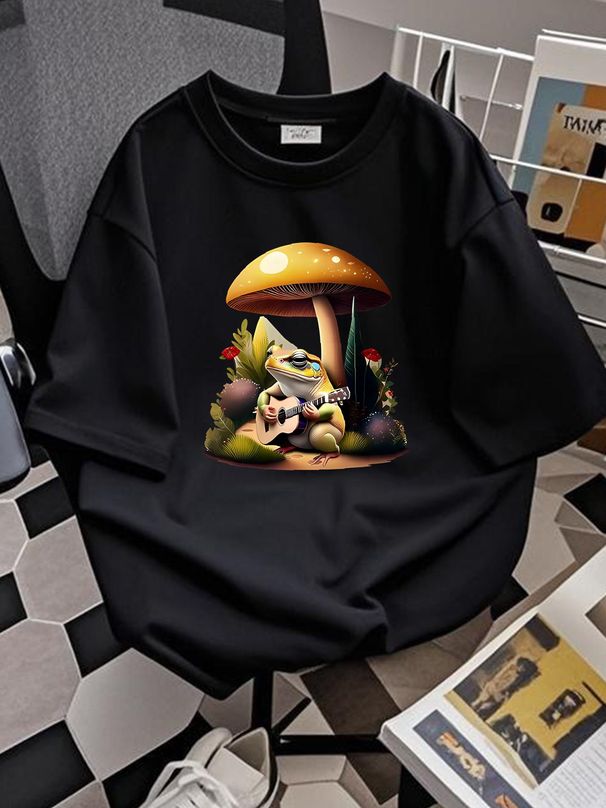 Frog Playing Guitar Mushroom Cottagecore T Shirt Cottage Homme Comfortable Designer Clothes Top For Everyday Wear Stretched Streetwear Fashion_viptrois.com