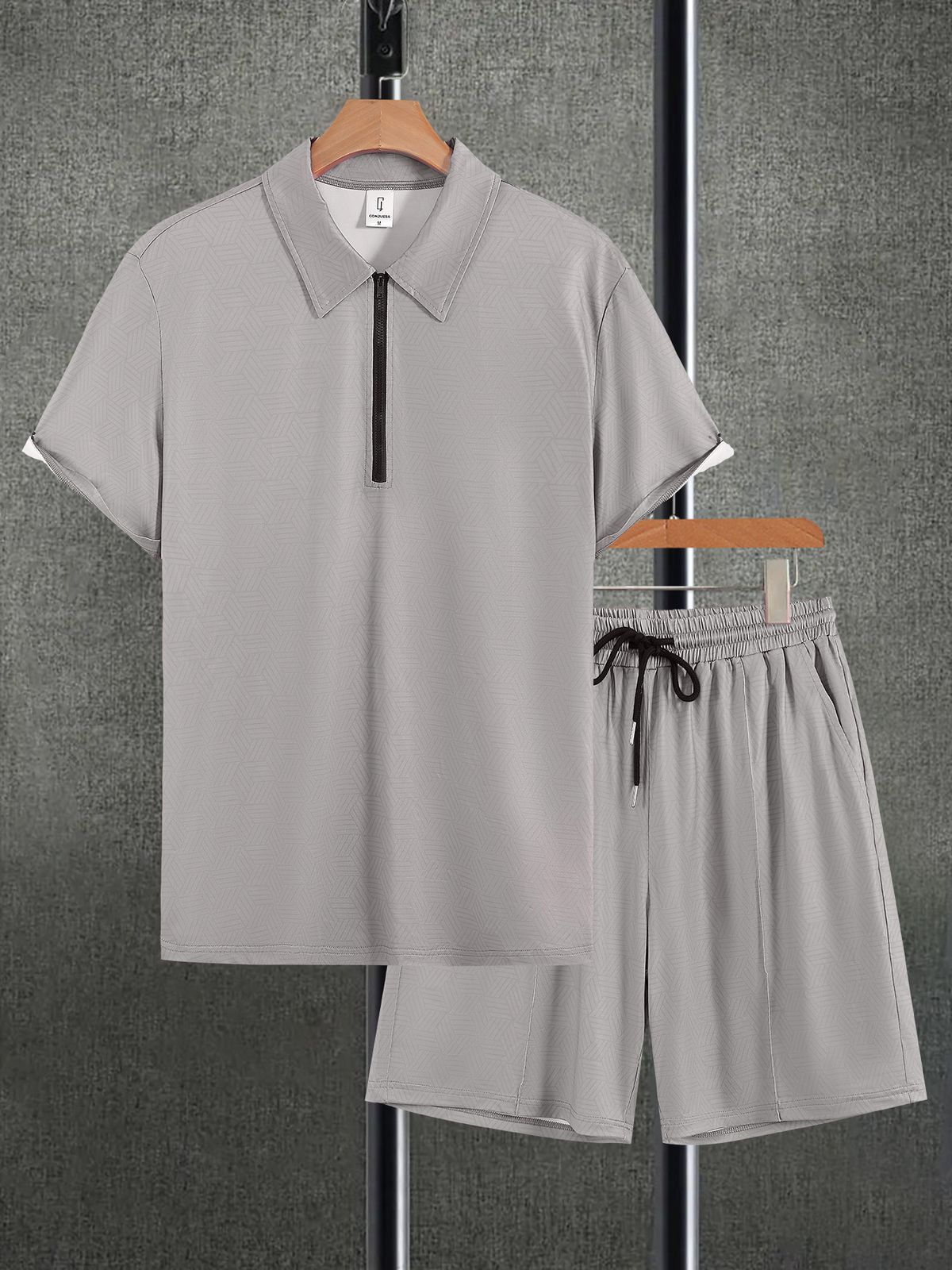 Men's Textured Knit Short Sleeve Shirt With Collar And Drawstring Shorts Set - Solid Color Casual Two Piece Outfit_viptrois.com