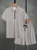Men's Textured Knit Short Sleeve Shirt With Collar And Drawstring Shorts Set - Solid Color Casual Two Piece Outfit_viptrois.com