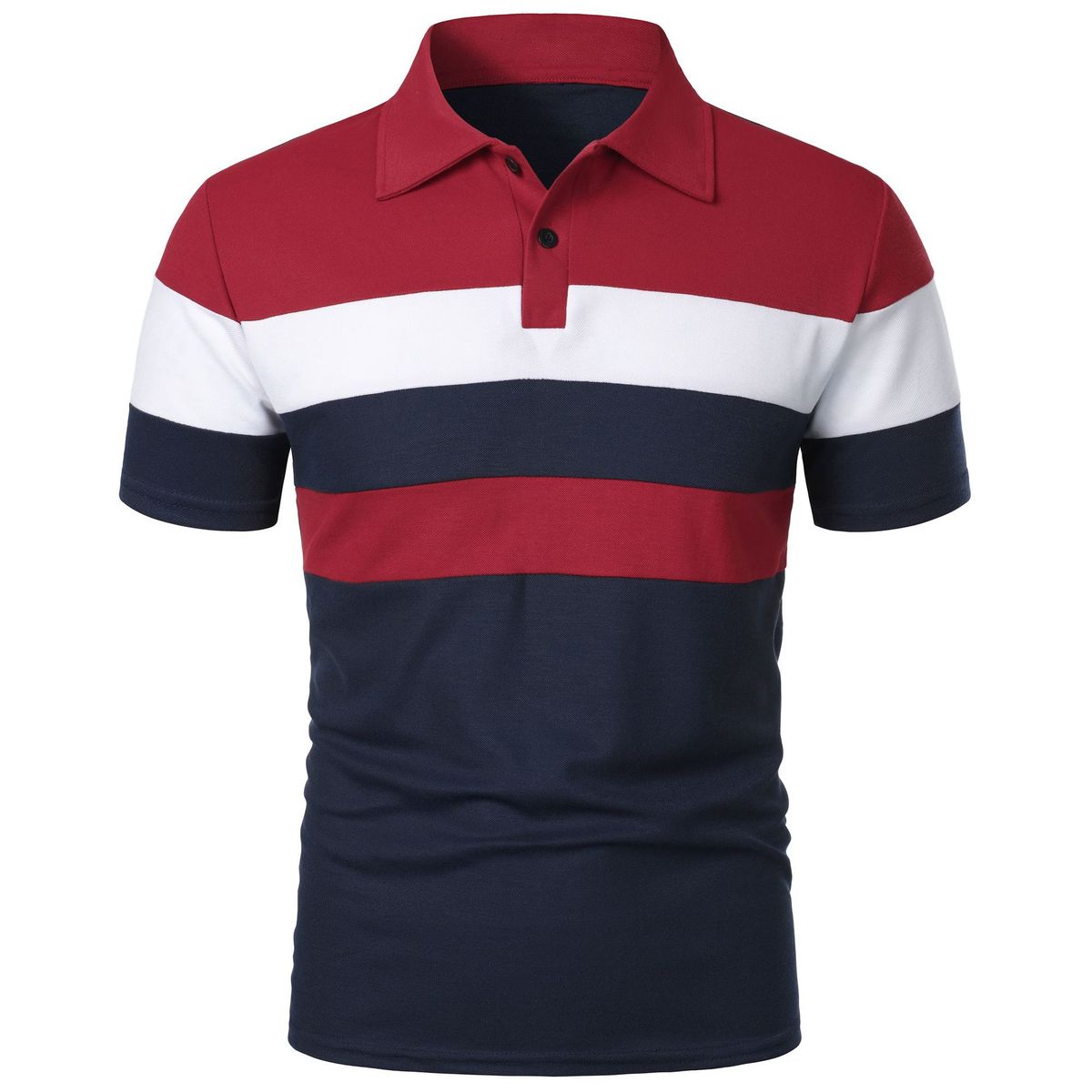 Men's sleeved chest with three stripe color matching fashion and men's lapel short sleeves_viptrois.com
