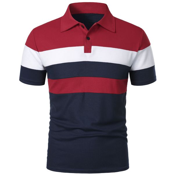 Men's sleeved chest with three stripe color matching fashion and men's lapel short sleeves_viptrois.com