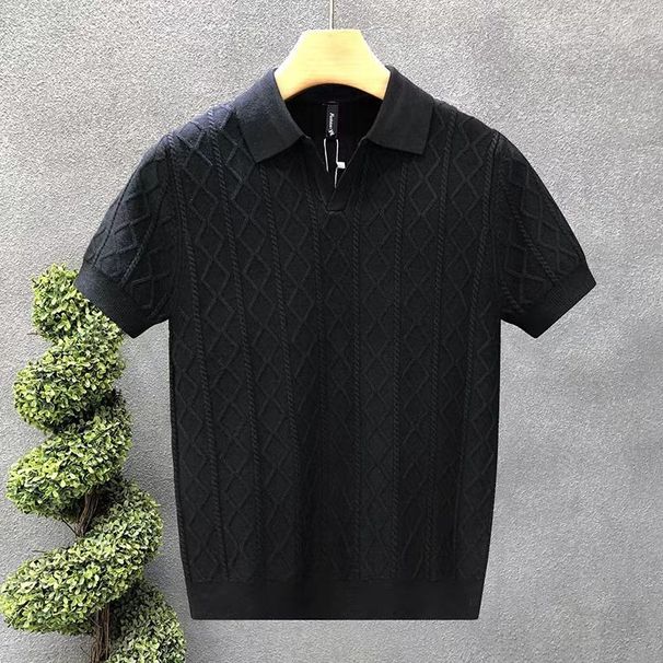 Men's Clothing Diamond Shaped V Neck Short Sleeved Knitted Ice Silk Polo Shirt For Men In Summer Light Luxury High End Business Temperament T Shirt_viptrois.com