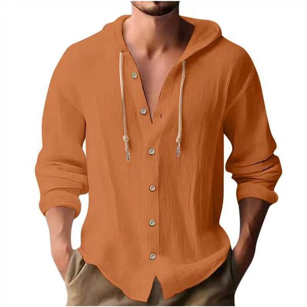 Men's Oversized Hooded Button-Up Shirt – 100% Cotton Long Sleeve Beach Cover-Up With Breathable Linen Feel (S-XXXL, 8 Colors)_viptrois.com