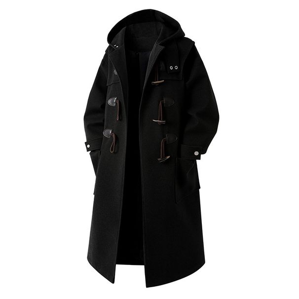 Pulse European American British Style Elegant Woolen Men, Mid-Length Trench Coat With Hood And Horn Buttons, Wholesale For_viptrois.com