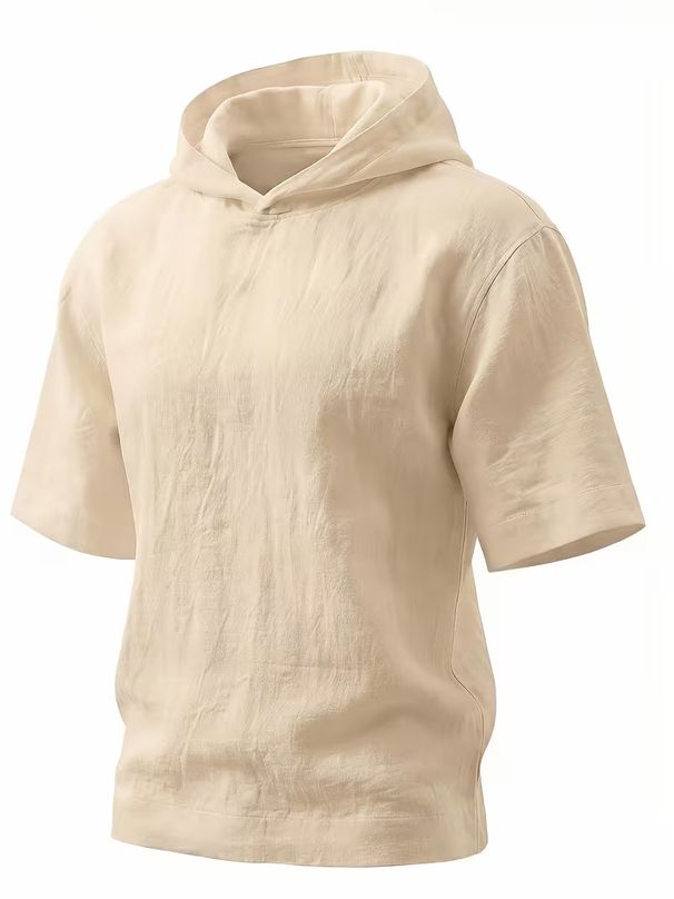 Men's Clothing American Style Hooded T-Shirt Cotton Linen Short Sleeve Loose Breathable Casual Top For Beach Vacation_viptrois.com