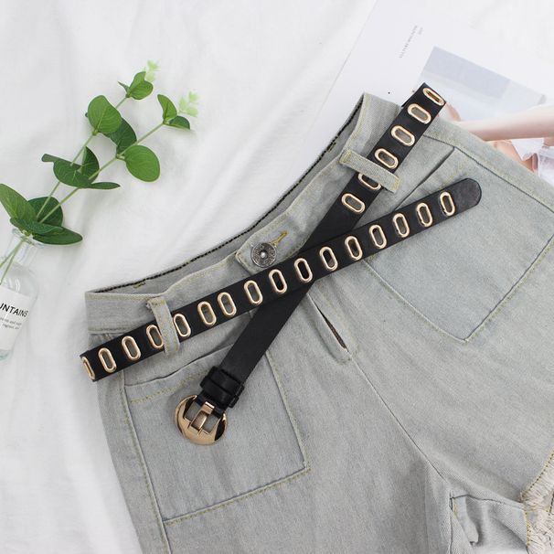 Female Student Multi Hole Round Buckle Steam Eyelet Belt Jeans Belt Ladies Gold Oval Fashion Belt Men_viptrois.com