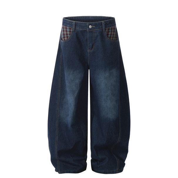 Heavy Industry Plaid Patchwork Scimitar Jeans Men's Unique Design Wide-Leg Street Fashion Washed Loose Long Pants_viptrois.com