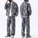 Men's American Style Trendy Jacquard Denim Jacket High Street Retro Loose Straight Leg Jeans Suit For Spring Autumn_viptrois.com
