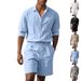 Men's Clothing Men's Summer New Loose Trend Linen Solid Color Simple Long Sleeved Shirt Beach Shorts Suit_viptrois.com