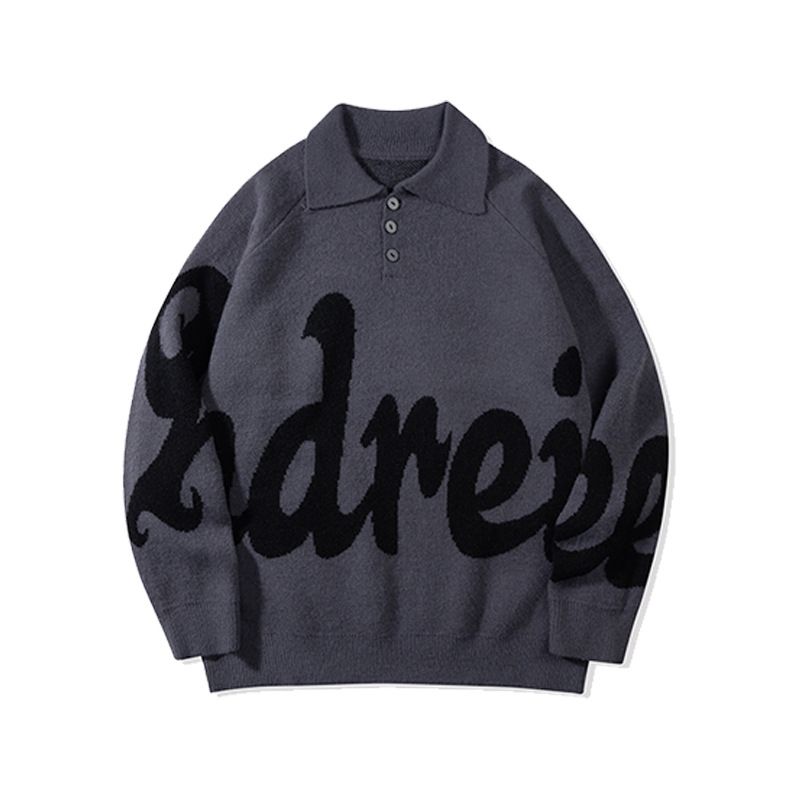 Vintage Lettering Jacquard Knit Sweater – Unisex Oversized Crewneck Pullover For Men & Women, Soft Yarn Long Sleeve Casual Fall/Winter Top_viptrois.com