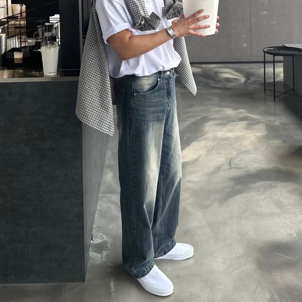 Vintage Washed Distressed Straight-Leg Jeans For Men Spring New Style Vibe High Street Trend Loose Long Wide-Leg Pants_viptrois.com
