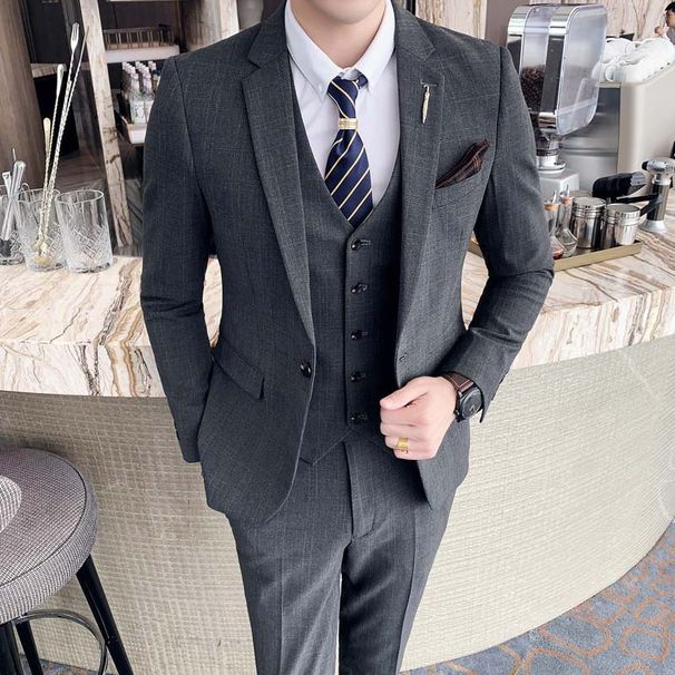 Men's Clothing 2024 fashion new autumn and winter plaid suit men's three-piece suit Korean style British slim fit wedding suit jacket_viptrois.com