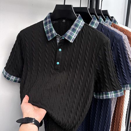 Men's Clothing Summer Men's Collared Short Sleeve Shirt Gem Button Color Block Jacquard Knit T-Shirt For Formal & Casual_viptrois.com