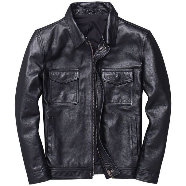 The Cowhide Pattern Is Very Good, The Leather Jacket Is Green, Men's Short Lapel Leather Jacket, Slim-fitting Single Leather Jacket._viptrois.com