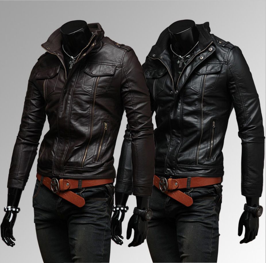 Men's Clothing Autumn and Winter New Pockets Multi zipper Men's Stand Collar Motorcycle Leather Jacket Leather Jacket A153_viptrois.com
