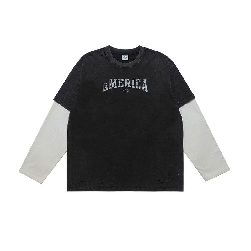 American-style Trendy Brand Men's Faux Two-piece Long-sleeve T-shirt With Washed Vintage High Street Digital_viptrois.com