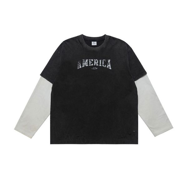 American-style Trendy Brand Men's Faux Two-piece Long-sleeve T-shirt With Washed Vintage High Street Digital_viptrois.com