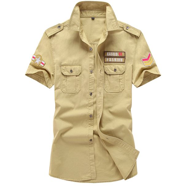 Man's clothing Men's cotton plus-size space short-sleeve shirt Army outdoor multi-pocket epaulette shirt_viptrois.com