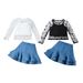European And American Fashion Girls Star Mesh Long Sleeve Top + Camisole + Denim Pleated Skirt Three Piece Set_viptrois.com