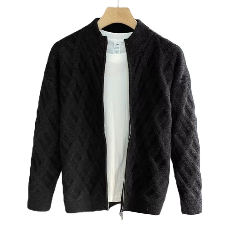 Men's Plus Size Zip-Up Knit Cardigan - Lightweight Breathable Pullover Jacket For Casual & Business Wear (Black, Grey, Beige)_viptrois.com