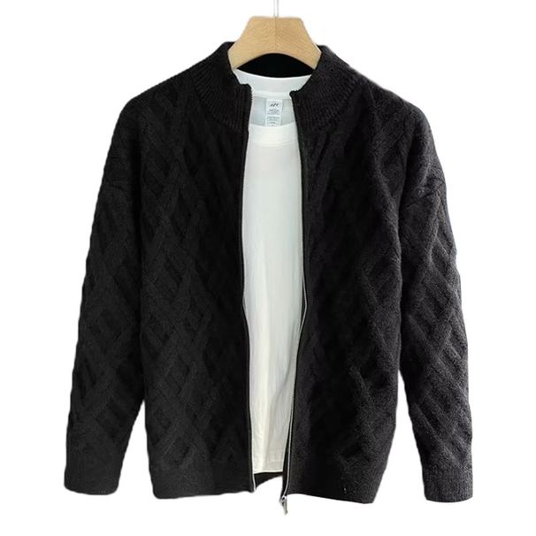 Men's Plus Size Zip-Up Knit Cardigan - Lightweight Breathable Pullover Jacket For Casual & Business Wear (Black, Grey, Beige)_viptrois.com