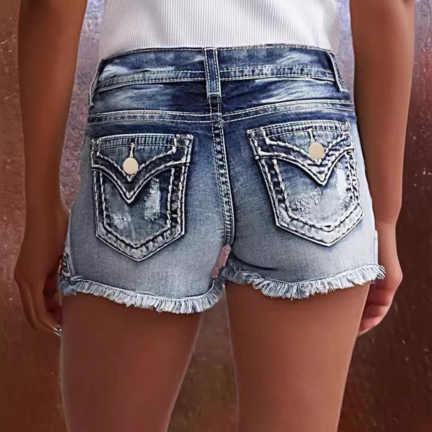 Women's European And American Fashion Ins Hot Style Elastic Patch Embroidered Ripped Denim Shorts_viptrois.com