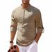 Men's Solid Color Pullover Henley Shirt Cotton Stand Collar Long Sleeve Shirt_viptrois.com