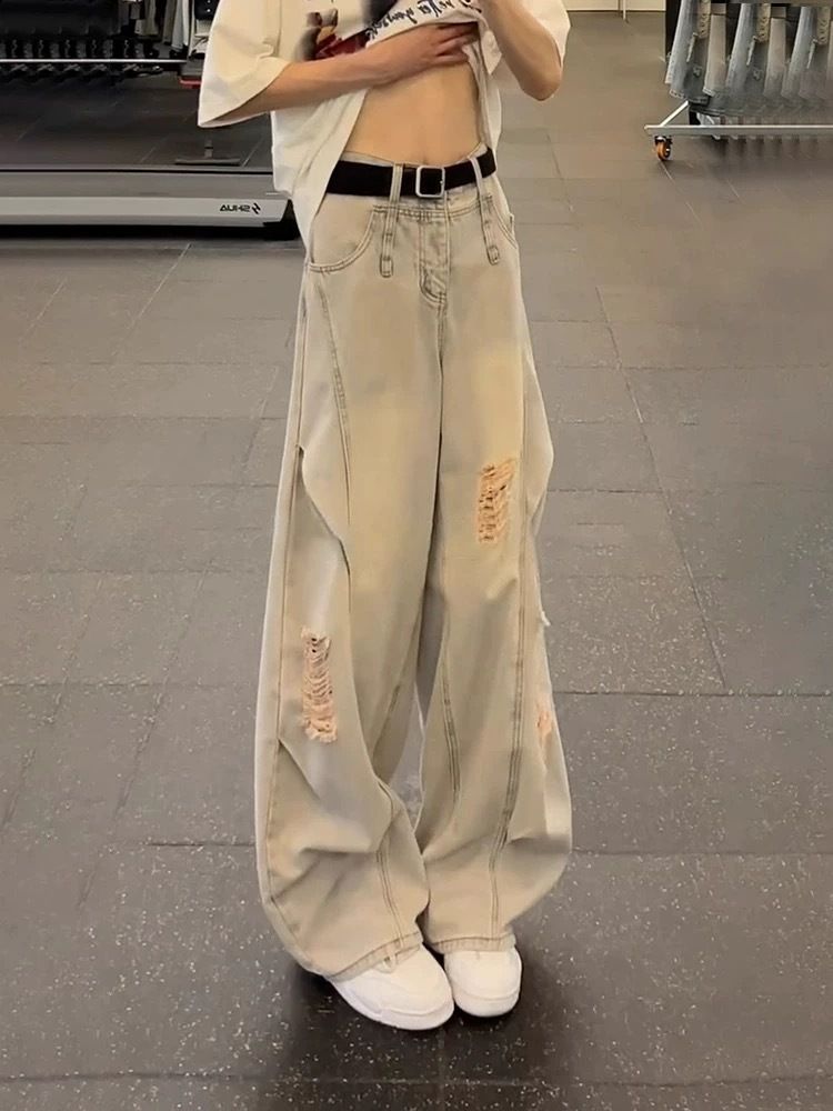 American Retro Ripped Jeans For Men, Spring High-waisted, Leg-lengthening Pants, Angled Cut, Casual Straight-leg, Curved_viptrois.com