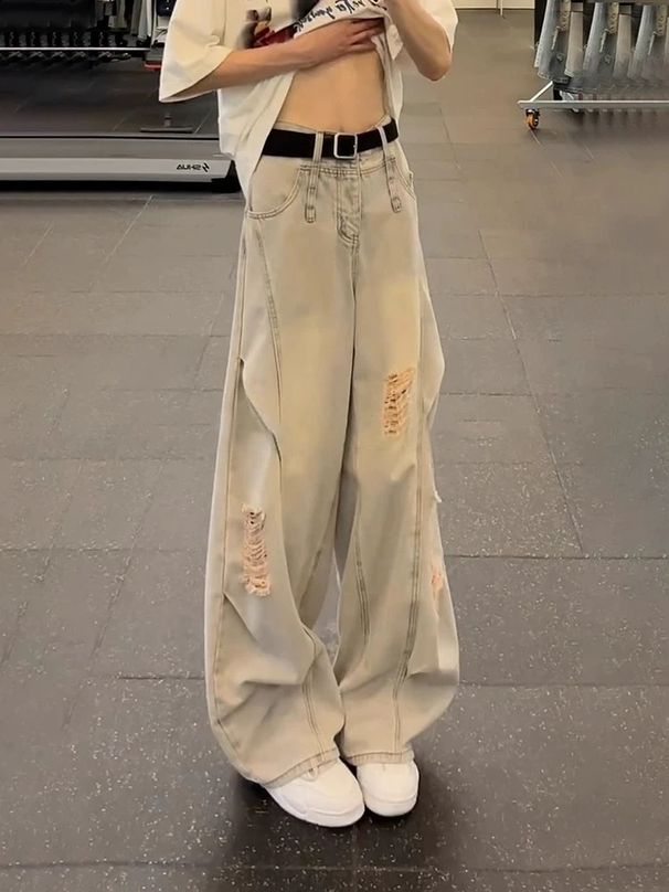 American Retro Ripped Jeans For Men, Spring High-waisted, Leg-lengthening Pants, Angled Cut, Casual Straight-leg, Curved_viptrois.com