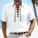 Men's Linen Short Sleeve Shirt - Large Size V Neck With Lapel & Tie Detail, Casual Fashion Top For Summer_viptrois.com