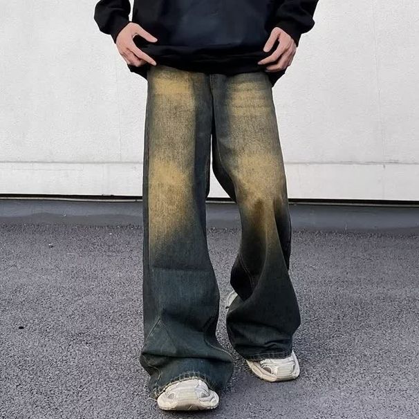 Autumn American Retro Distressed Wide Leg Jeans For Men, Loose Casual Straight Leg Trousers Trendy_viptrois.com