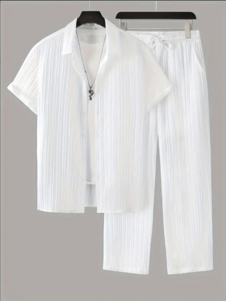 Men's Clothing Striped Short Sleeved Shirt Button Down Lapel Suit Men's Fashion_viptrois.com