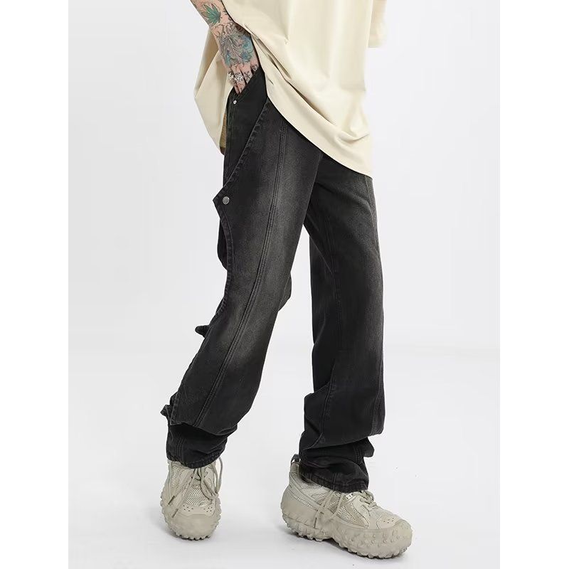 Men's Clothing Retro Vintage Blue Jeans For Men - American High Street Vibe, Deconstructed Button Design, Straight & Slightly Flared Trousers_viptrois.com