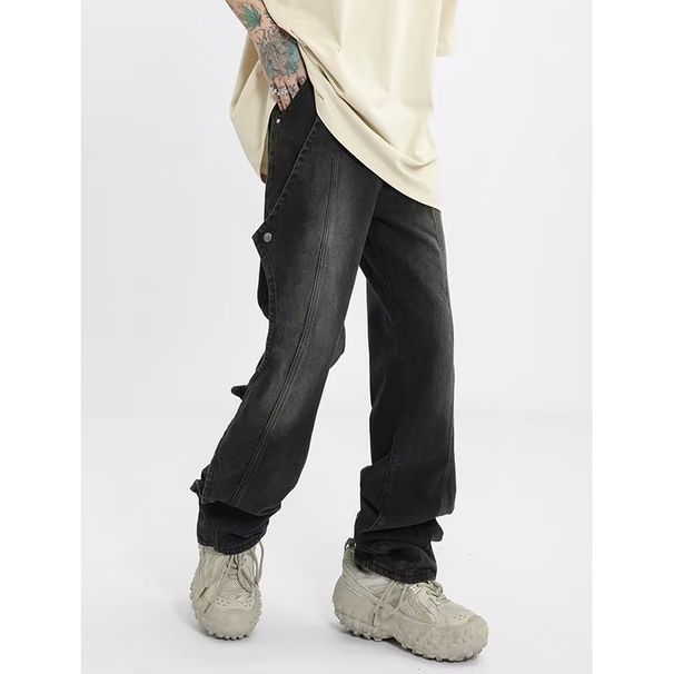 Men's Clothing Retro Vintage Blue Jeans For Men - American High Street Vibe, Deconstructed Button Design, Straight & Slightly Flared Trousers_viptrois.com