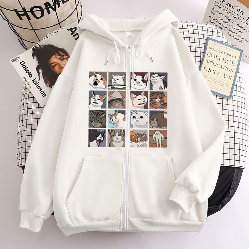 2023 Trend New Sixteen Palace Grid Cat Print Zipper Hoodie Trendy Men's Casual Loose Jacket_viptrois.com