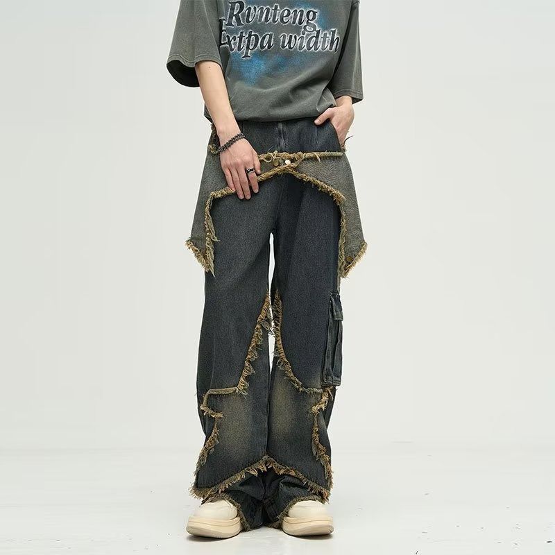 Men's Clothing Five Pointed Star Design Jeans For Men, American Retro Big Pockets, Raw Edges, Distressed Washed High Street Workwear Wide Leg Trousers_viptrois.com