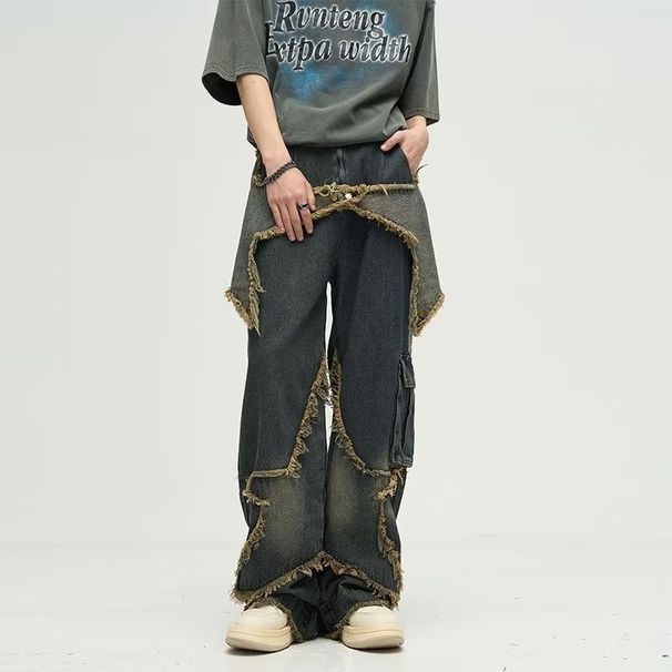 Men's Clothing Five Pointed Star Design Jeans For Men, American Retro Big Pockets, Raw Edges, Distressed Washed High Street Workwear Wide Leg Trousers_viptrois.com