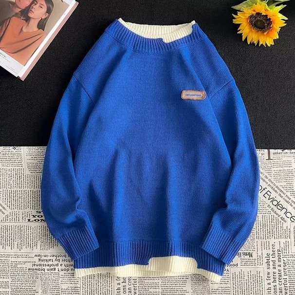 Men’s Layered Knit Sweater – Oversized Drop Shoulder Pullover With Mock Two-Piece Design, Streetwear Style Casual Ribbed Hem_viptrois.com